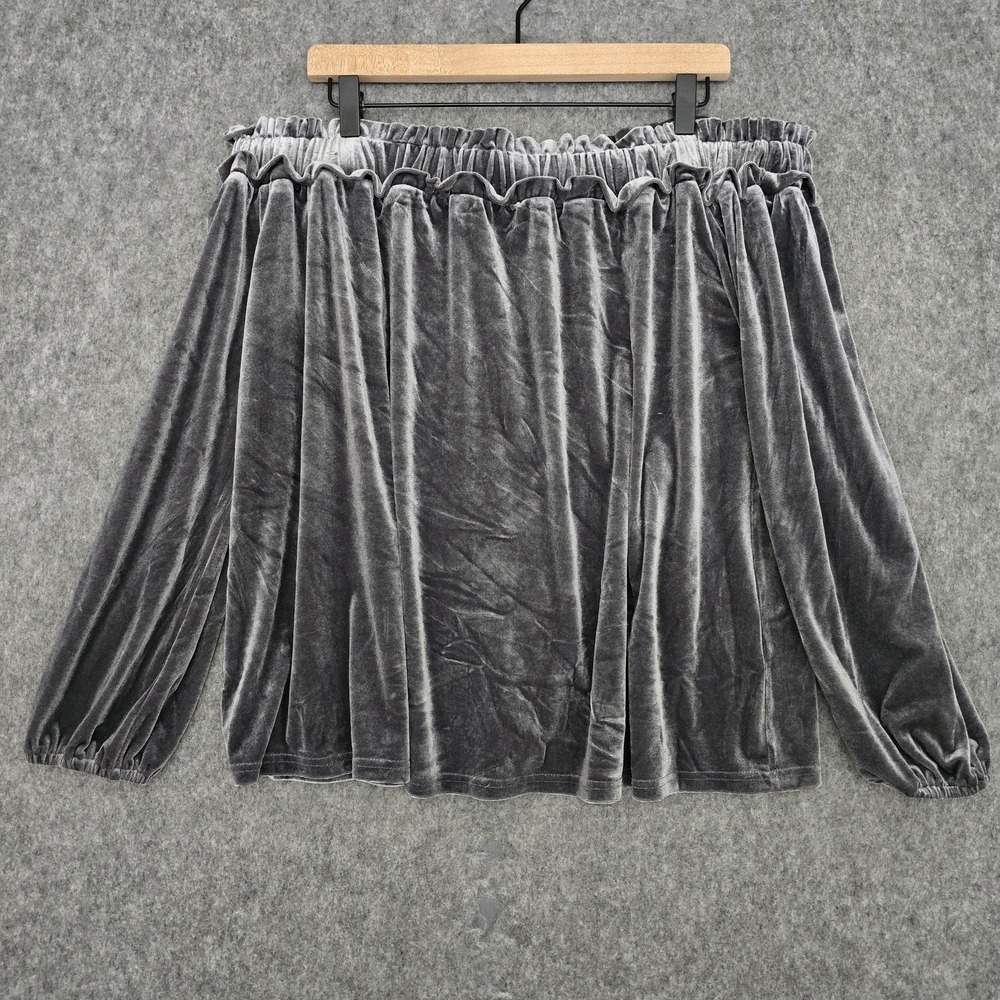 Entro Blouse Womens‎ M Gray Velvet Off Shoulder Long Balloon Sleeve Tunic Top